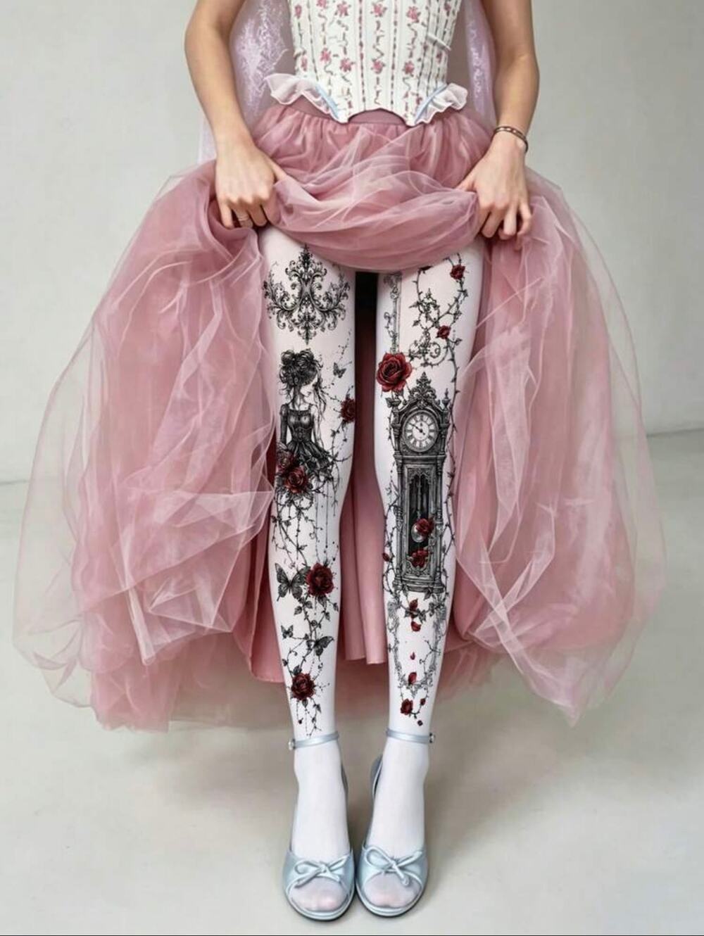 NWT Antique Clock Floral Butterfly Gothic Fairy Print Tights